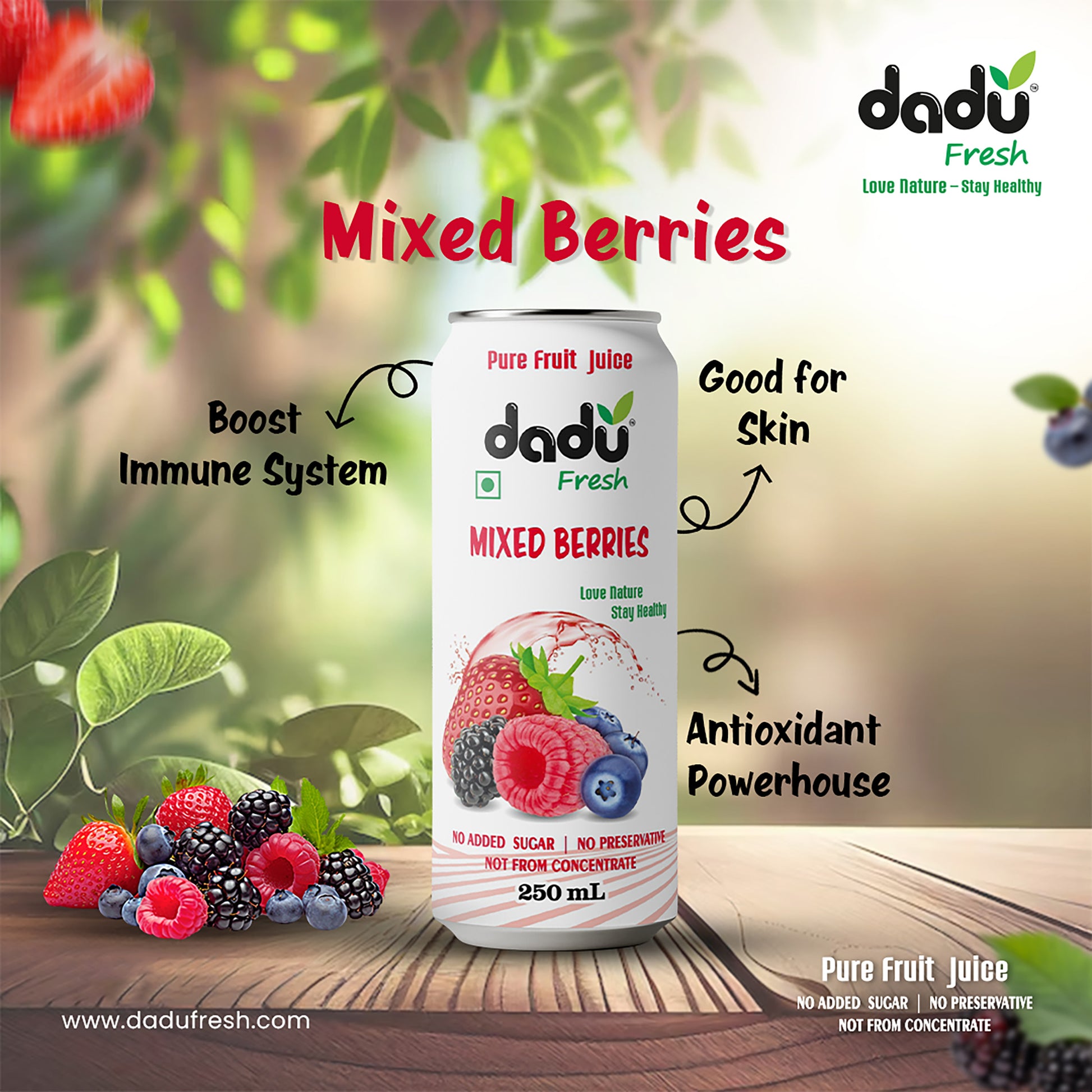 Dadu Fresh Mixed Berries Juice | 100% Pure Fruit Juice | No Added Sugar & No Preservatives | 250ml x Pack of 6 - Dadu Fresh