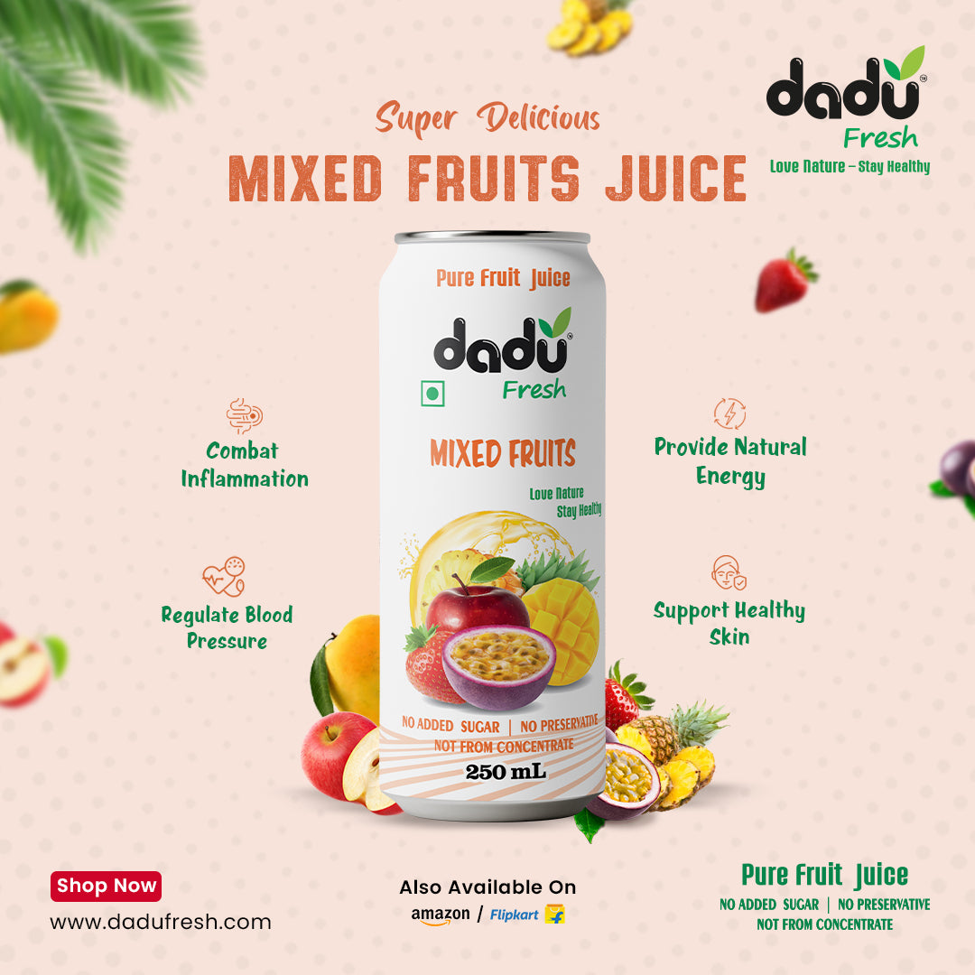 Dadu Fresh Mixed Fruit Juice | 100% Pure Fruit Juice | No Added Sugar & No Preservatives | 250ml x Pack of 6 - Dadu Fresh