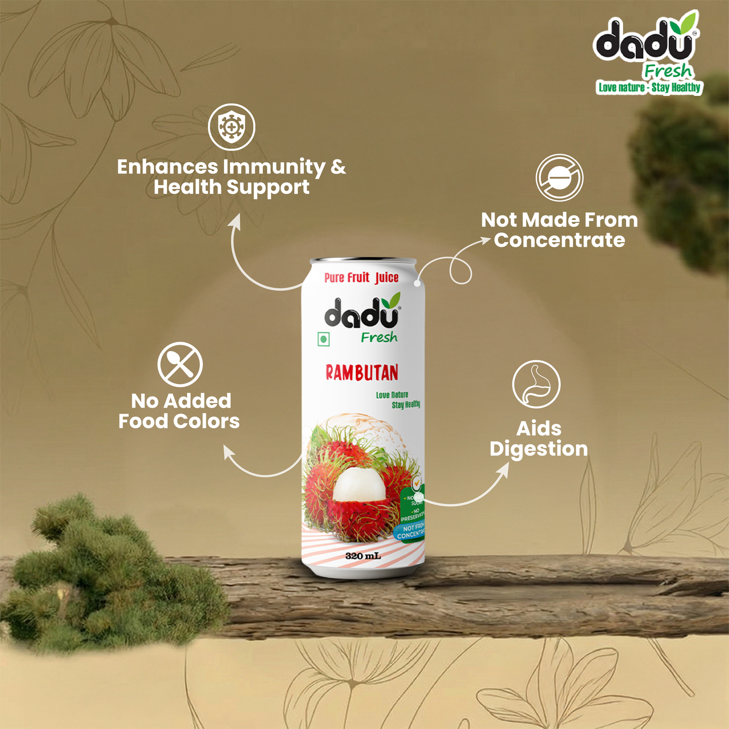 Dadu Fresh Rambutan Juice | 100% Pure Fruit Juice | No Added Sugar & No Preservatives | 320ml x Pack of 6 - Dadu Fresh