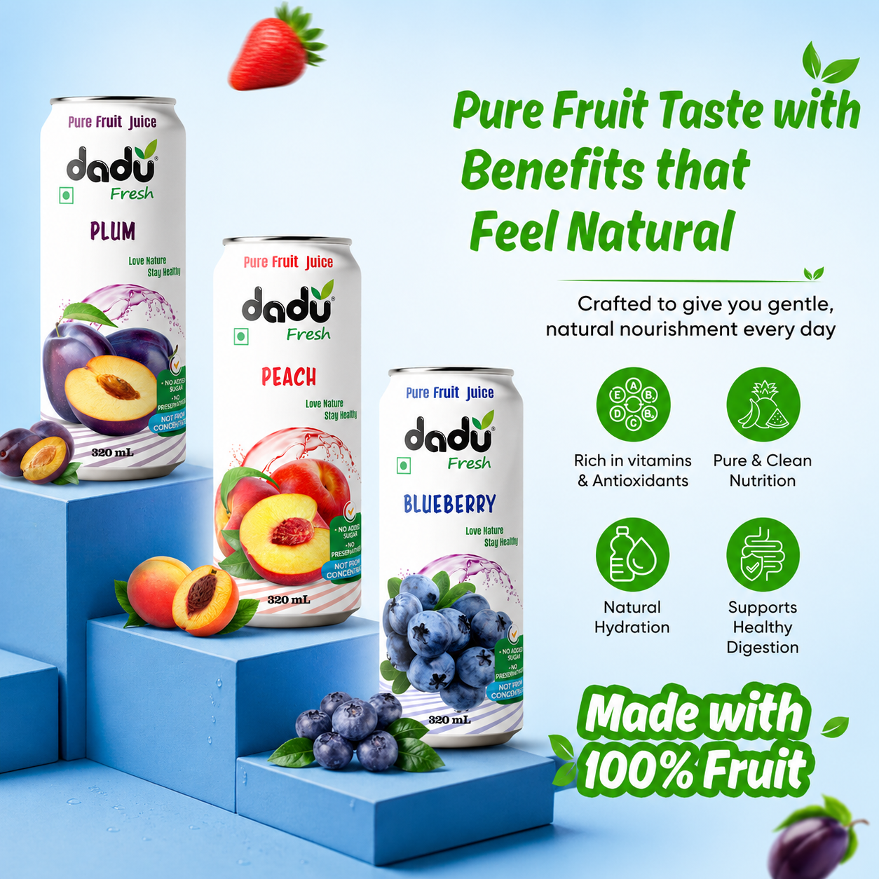 Dadu Fresh Passion Fruit, Mangosteen, Lychee, Mixed Berries, Soursop, Mixed Fruit, Peach, Plum, Blueberry, Cranberry, Avocado & Mango & Rambutan Juice | 100% Pure Fruit Juice | No Added Sugar | Pack Of 12 (250ml x 6 Cans & 320ml x 6 Cans) - Dadu Fresh