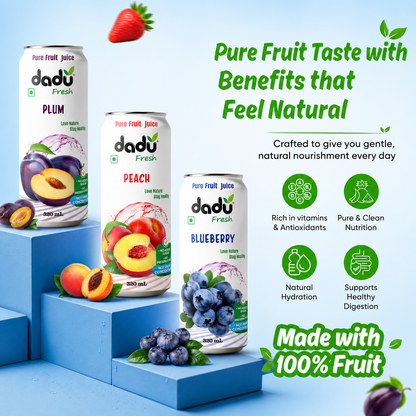 Dadu Fresh Passion Fruit, Mangosteen, Lychee, Mixed Berries, Soursop, Mixed Fruit, Peach, Plum, Blueberry, Cranberry, Avocado & Mango & Rambutan Juice | 100% Pure Fruit Juice | No Added Sugar | Pack Of 12 (250ml x 6 Cans & 320ml x 6 Cans) - Dadu Fresh