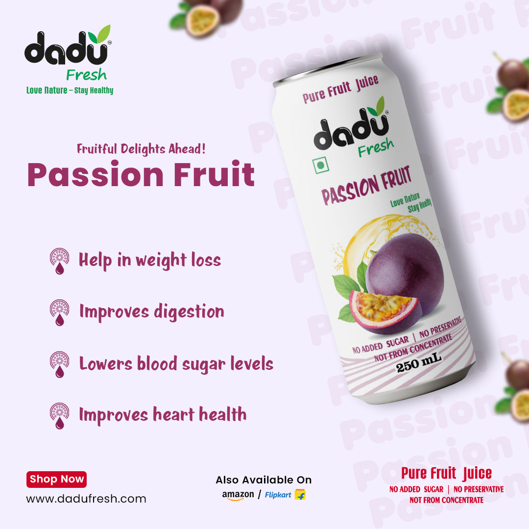 Dadu Fresh Passion Fruit Juice | 100% Pure Fruit Juice | No Added Sugar & No Preservatives | 250ml x Pack of 6 - Dadu Fresh