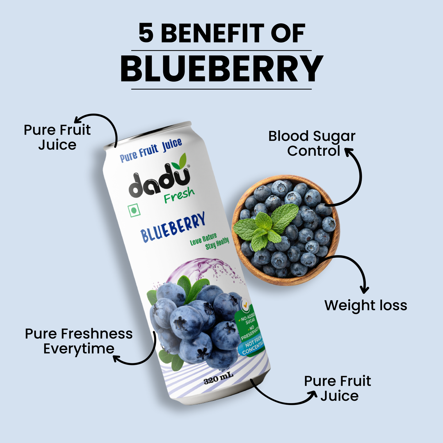Dadu Fresh Cranberry, Blueberry, Avocado, Mango & Rambutan Juice | 100% Pure Fruit Juice | No Added Sugar & No Preservatives | 320ml x Pack of 4 - Dadu Fresh