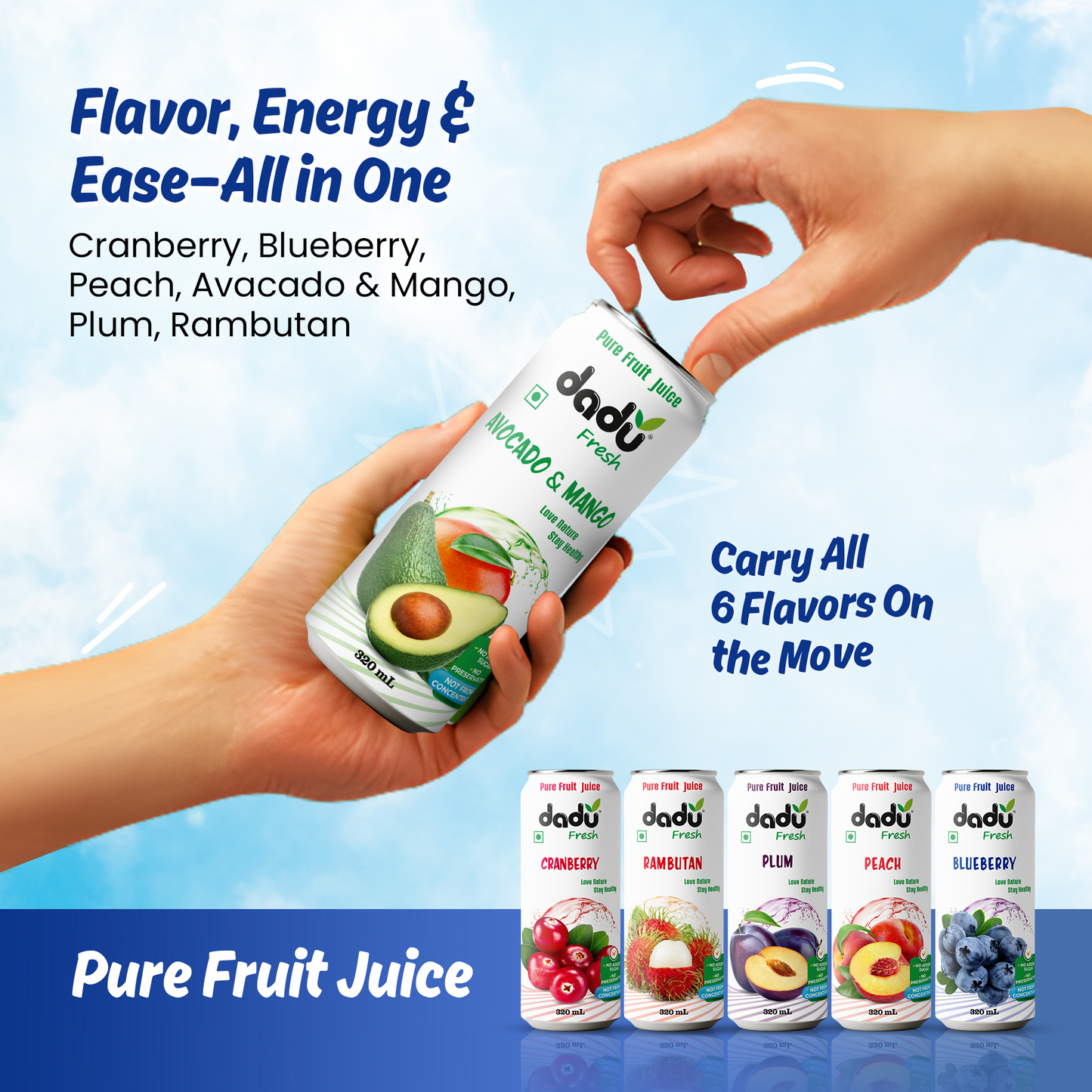 Cranberry, Blueberry, Avocado and Mango, Rambutan | Pure Natural Fruit Healthy Beverage | Not from Concentrate, No Added Sugar, No Preservatives or Artificial Flavours | Vitamin Rich & Naturally Refreshing | 4 Cans x 320ml (1280ml)