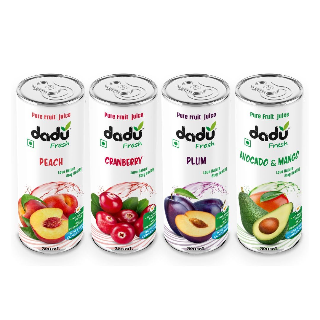 Dadu Fresh Fruit Juice Combo Pack | Plum, Peach, Avocado and Mango, Cranberry | Pure Natural Fruit Healthy Beverage | Not from Concentrate, No Added Sugar, No Preservatives or Artificial Flavours | 4 Cans x 320ml (1280ml)