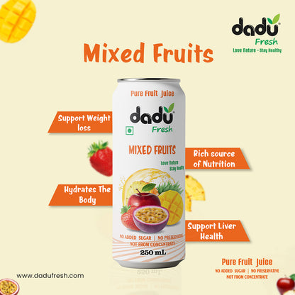 Dadu Fresh Mixed Fruit Juice | 100% Pure Fruit Juice | No Added Sugar & No Preservatives | 250ml x Pack of 6 - Dadu Fresh