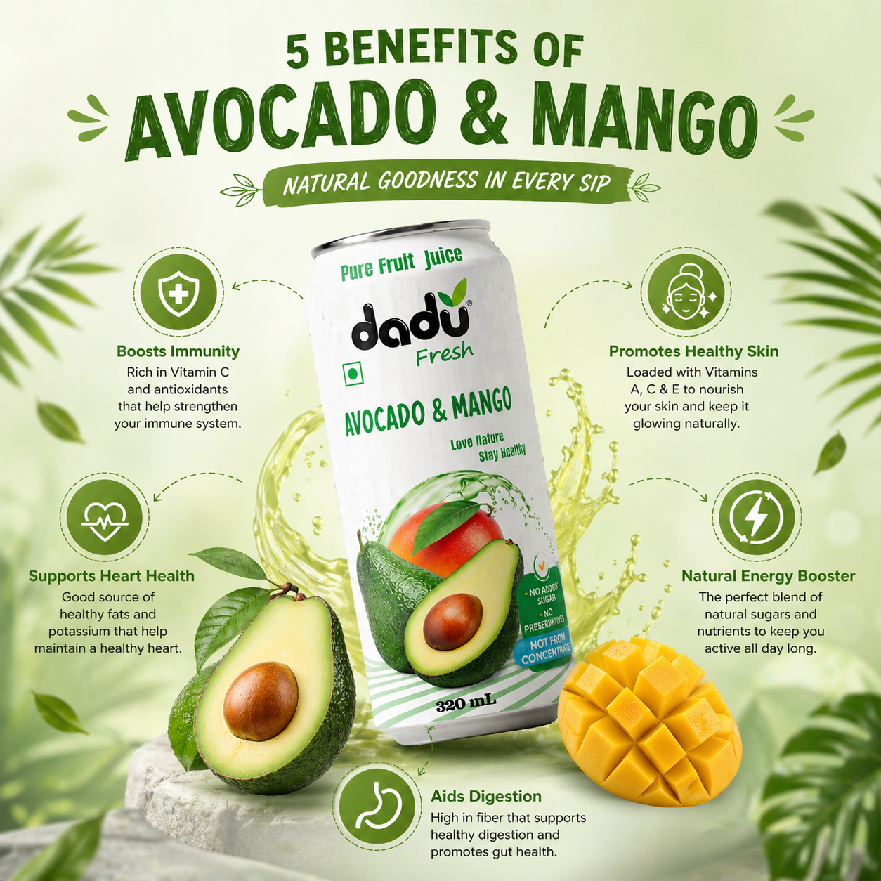 Dadu Fresh Avocado & Mango Juice | 100% Pure Fruit Juice | No Added Sugar & No Preservatives | 320ml x Pack of 6 - Dadu Fresh
