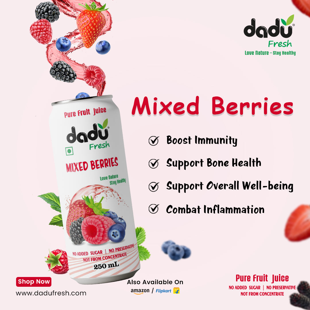 Dadu Fresh Mixed Berries Juice | 100% Pure Fruit Juice | No Added Sugar & No Preservatives | 250ml x Pack of 6 - Dadu Fresh