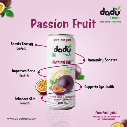 Dadu Fresh Passion Fruit Juice | 100% Pure Fruit Juice | No Added Sugar & No Preservatives | 250ml x Pack of 6 - Dadu Fresh