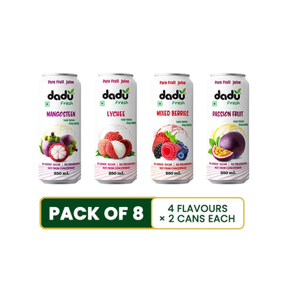 Mangosteen, Mixed Berries, Passion Fruit, Lychee Juice Combo - 250ml x Pack of 8