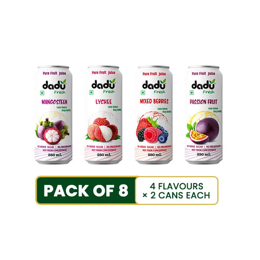 Mangosteen, Mixed Berries, Passion Fruit, Lychee Juice Combo - 250ml x Pack of 8