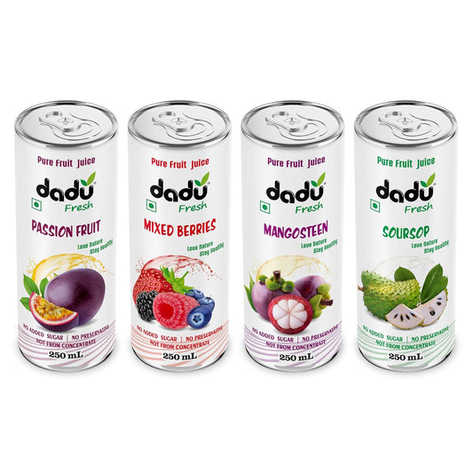 Dadu Juice Combo Pack | Pure Natural, Not from Concentrate, No Added Sugar, No Artificial Flavors or Preservatives | Passion Fruit, Mixed Berries, Mangosteen, Soursop | 4 Cans x 250ml