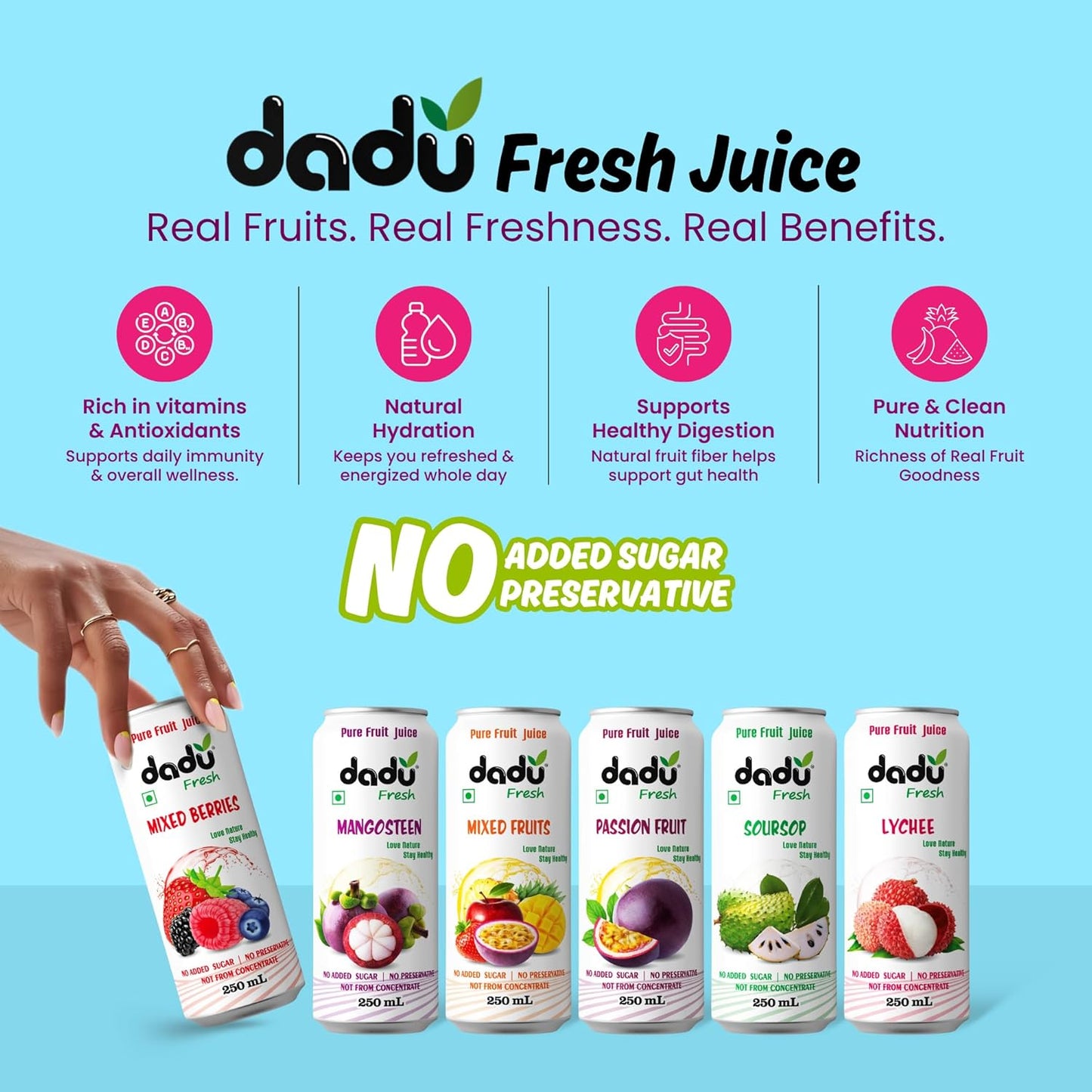 Dadu Juice Combo Pack | Natural, Not from Concentrate, No Added Sugar, No Artificial Flavors or Preservatives | Passion Fruit, Mixed Fruit, Lychee, Soursop | 4 Cans x 250ml