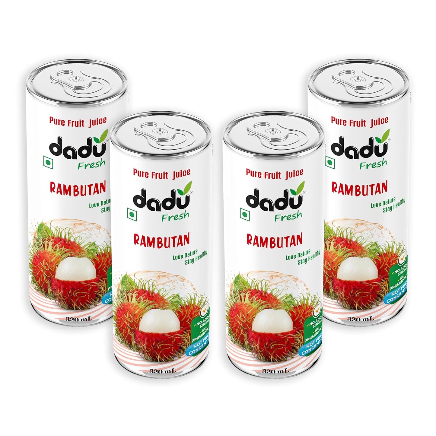 Dadu Fresh Rambutan Juice | Pure Natural Fruit Healthy Beverage | Not from Concentrate, No Added Sugar, No Preservatives or Artificial Flavours | Vitamin Rich & Naturally Refreshing | 4 Cans x 320ml (1280ml)