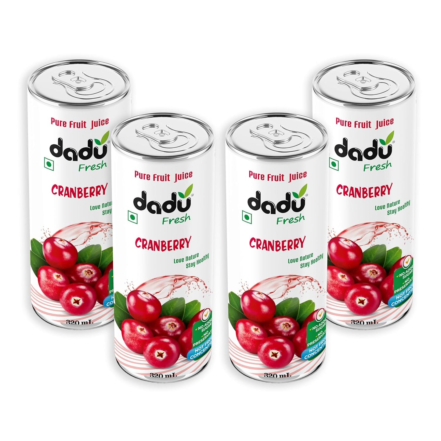 Dadu Fresh Cranberry Juice | Pure Natural Fruit Healthy Beverage | Not from Concentrate, No Added Sugar, No Preservatives or Artificial Flavours | Vitamin Rich & Naturally Refreshing | 4 Cans x 320ml (1280ml)