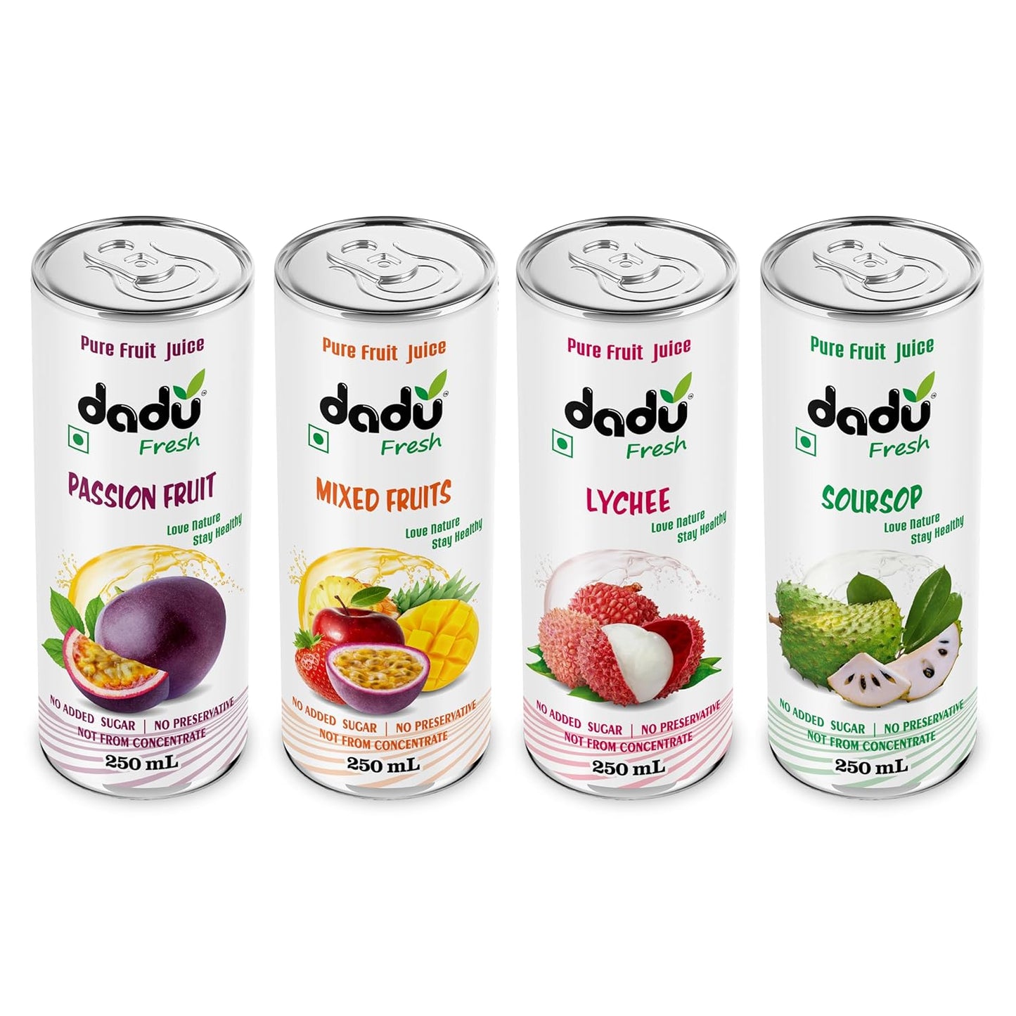 Dadu Juice Combo Pack | Natural, Not from Concentrate, No Added Sugar, No Artificial Flavors or Preservatives | Passion Fruit, Mixed Fruit, Lychee, Soursop | 4 Cans x 250ml