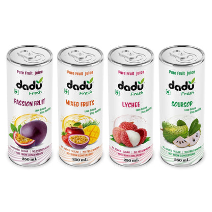 Dadu Juice Combo Pack | Natural, Not from Concentrate, No Added Sugar, No Artificial Flavors or Preservatives | Passion Fruit, Mixed Fruit, Lychee, Soursop | 4 Cans x 250ml