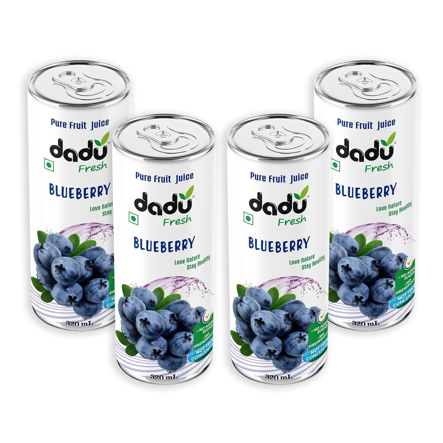 Dadu Fresh Blueberry Juice | Pure Natural Fruit Healthy Beverage | Not from Concentrate, No Added Sugar, No Preservatives or Artificial Flavours | Vitamin Rich & Naturally Refreshing | 4 Cans x 320ml (1280ml)