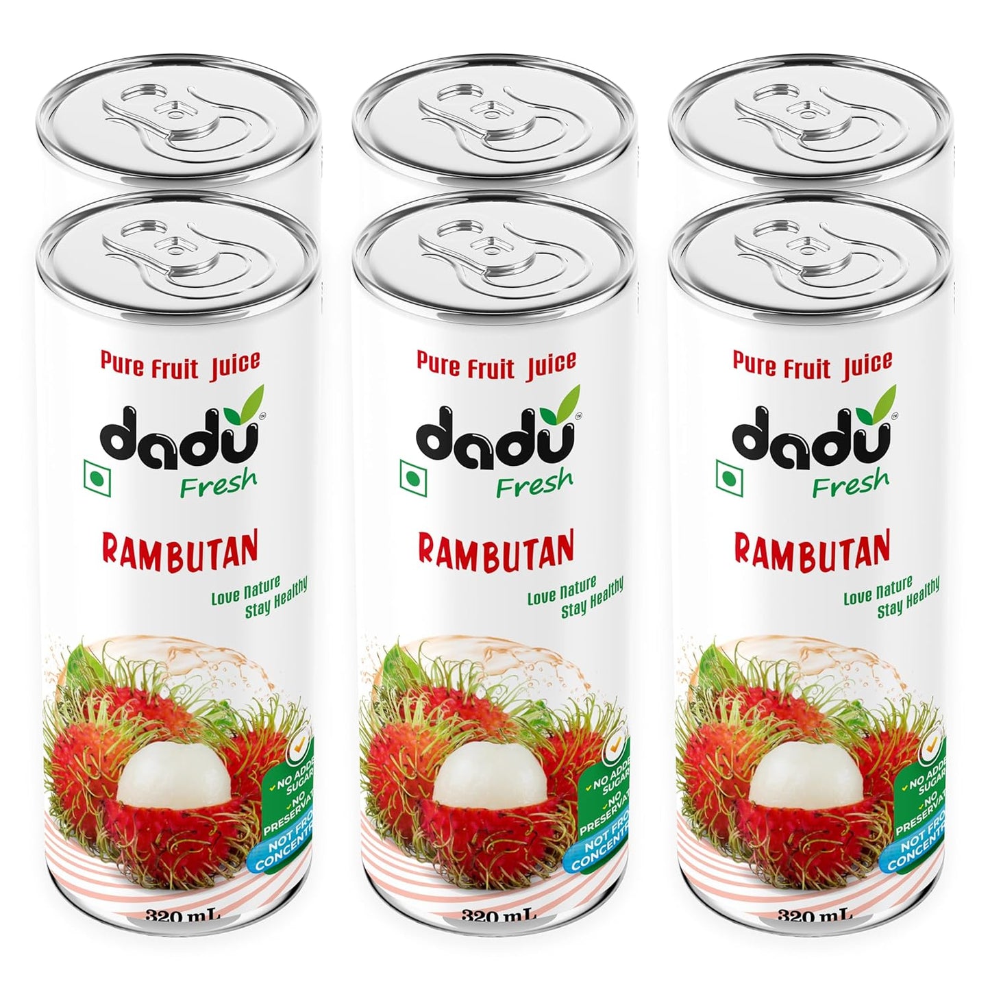 Dadu Fresh Rambutan Juice | Pure Natural Fruit Healthy Beverage | Not from Concentrate, No Added Sugar, No Preservatives or Artificial Flavours | Vitamin Rich & Naturally Refreshing | 6 Cans x 320ml (1920ml)