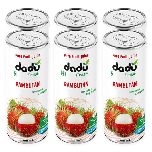 Dadu Fresh Rambutan Juice | Pure Natural Fruit Healthy Beverage | Not from Concentrate, No Added Sugar, No Preservatives or Artificial Flavours | Vitamin Rich & Naturally Refreshing | 6 Cans x 320ml (1920ml)
