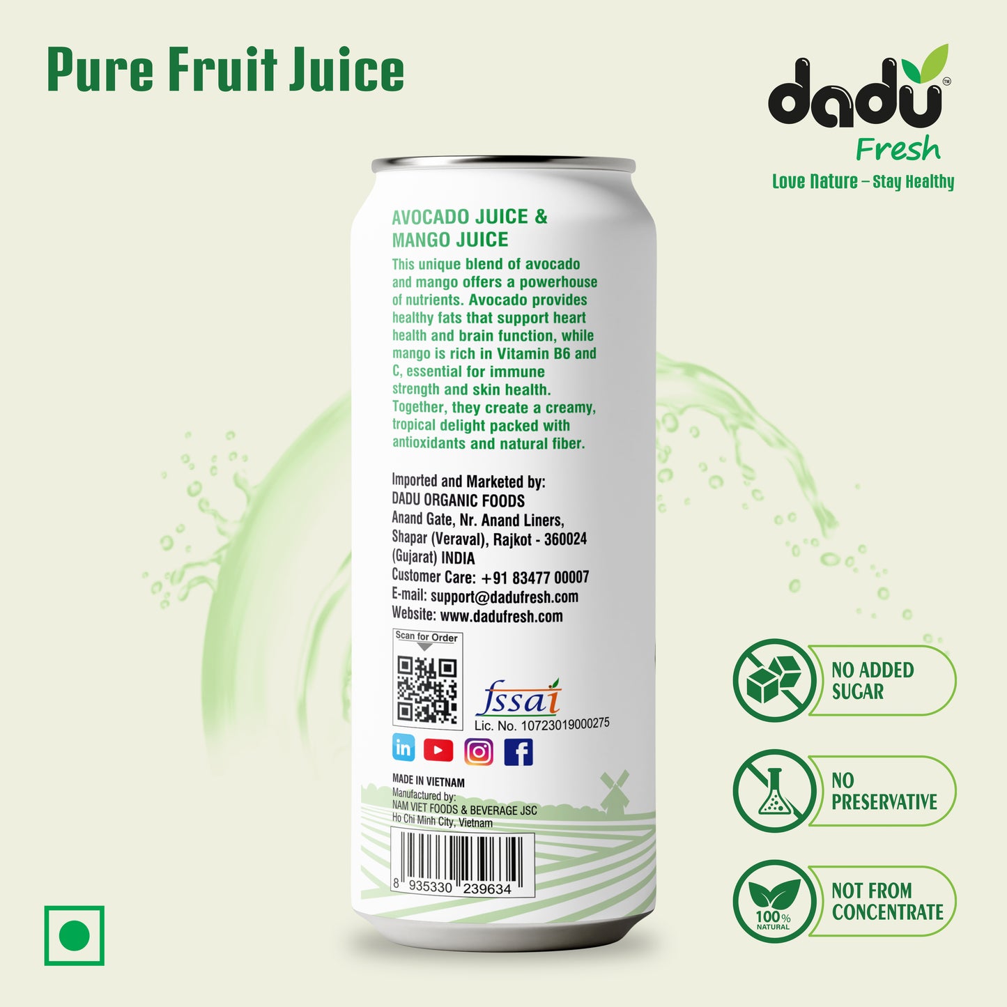 Dadu Fresh Avocado & Mango Juice | Pure Natural Fruit Healthy Beverage | Not from Concentrate, No Added Sugar, No Preservatives or Artificial Flavours | Vitamin Rich & Naturally Refreshing | 4 Cans x 320ml (1280ml)