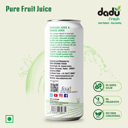 Dadu Fresh Avocado & Mango Juice | Pure Natural Fruit Healthy Beverage | Not from Concentrate, No Added Sugar, No Preservatives or Artificial Flavours | Vitamin Rich & Naturally Refreshing | 4 Cans x 320ml (1280ml)