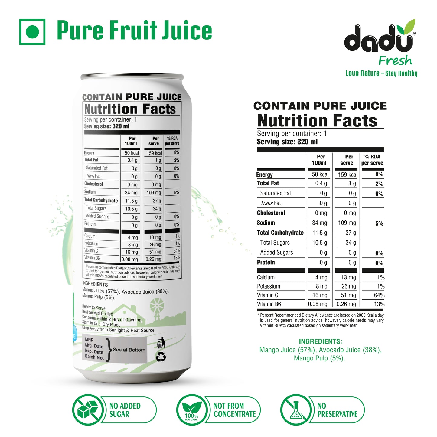 Dadu Fresh Avocado & Mango Juice | Pure Natural Fruit Healthy Beverage | Not from Concentrate, No Added Sugar, No Preservatives or Artificial Flavours | Vitamin Rich & Naturally Refreshing | 4 Cans x 320ml (1280ml)