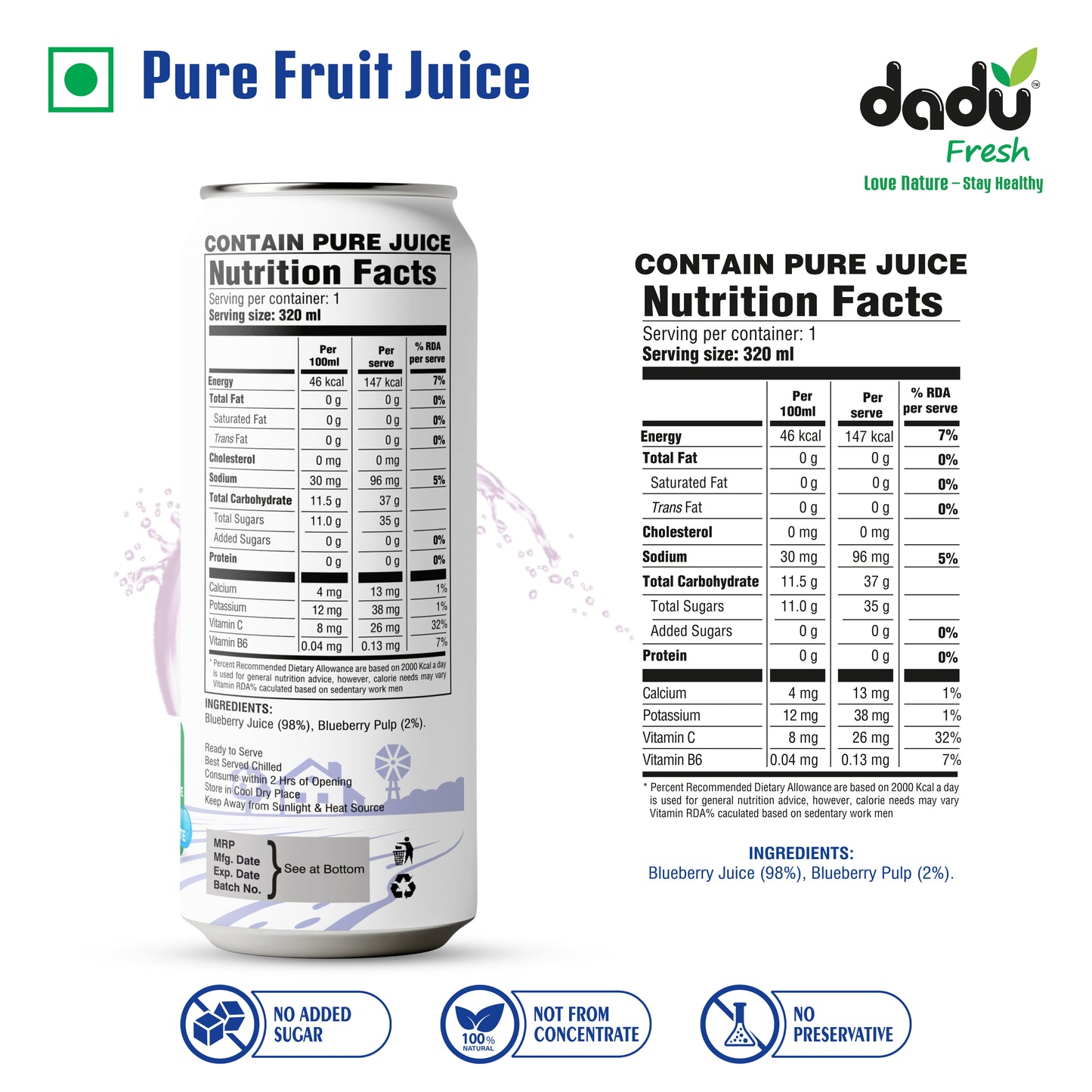 Dadu Fresh Blueberry Juice | Pure Natural Fruit Healthy Beverage | Not from Concentrate, No Added Sugar, No Preservatives or Artificial Flavours | Vitamin Rich & Naturally Refreshing | 6 Cans x 320ml (1920ml)