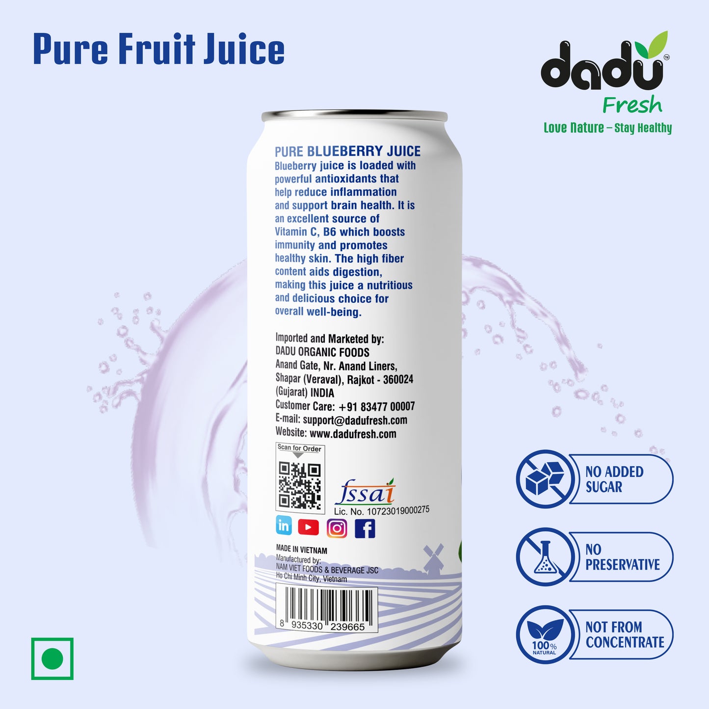 Dadu Fresh Blueberry Juice | Pure Natural Fruit Healthy Beverage | Not from Concentrate, No Added Sugar, No Preservatives or Artificial Flavours | Vitamin Rich & Naturally Refreshing | 6 Cans x 320ml (1920ml)