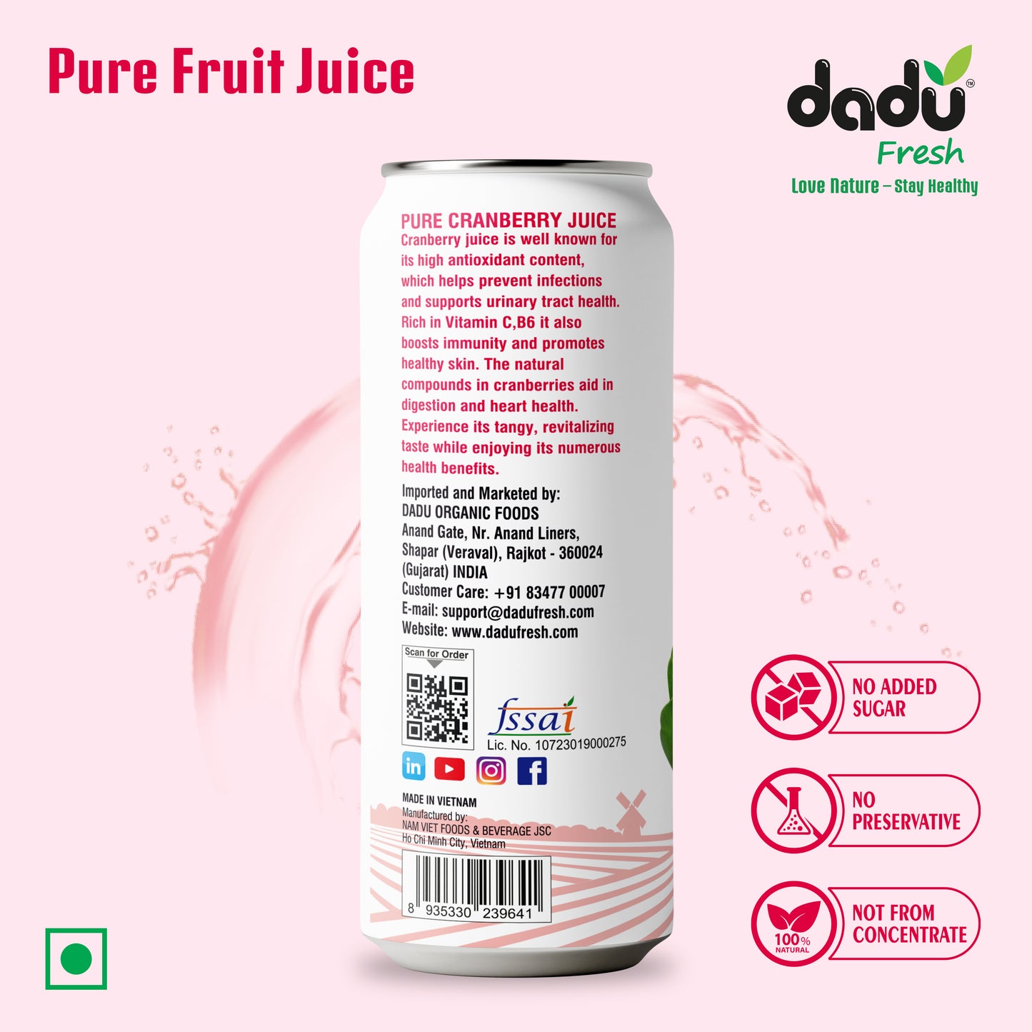 Dadu Fresh Cranberry Juice | Pure Natural Fruit Healthy Beverage | Not from Concentrate, No Added Sugar, No Preservatives or Artificial Flavours | Vitamin Rich & Naturally Refreshing | 6 Cans x 320ml (1920ml)