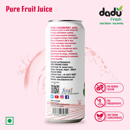Dadu Fresh Cranberry Juice | Pure Natural Fruit Healthy Beverage | Not from Concentrate, No Added Sugar, No Preservatives or Artificial Flavours | Vitamin Rich & Naturally Refreshing | 6 Cans x 320ml (1920ml)