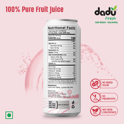 Dadu Fresh Lychee Juice | Pure Natural Juice | Not from Concentrate | No Added Sugar | No Preservatives or Artificial Flavors | Rich in Vitamin C & Antioxidants | 250ml (Pack of 4)
