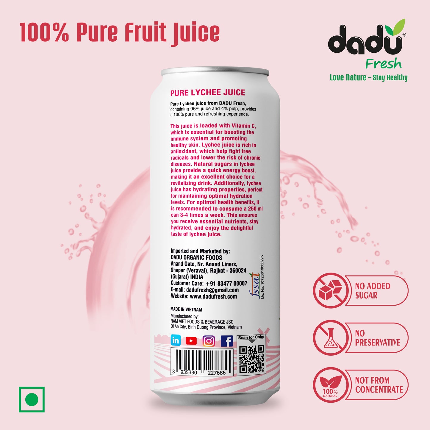 Dadu Fresh Lychee Juice | Pure Natural Juice | Not from Concentrate | No Added Sugar | No Preservatives or Artificial Flavors | Rich in Vitamin C & Antioxidants | 250ml (Pack of 4)