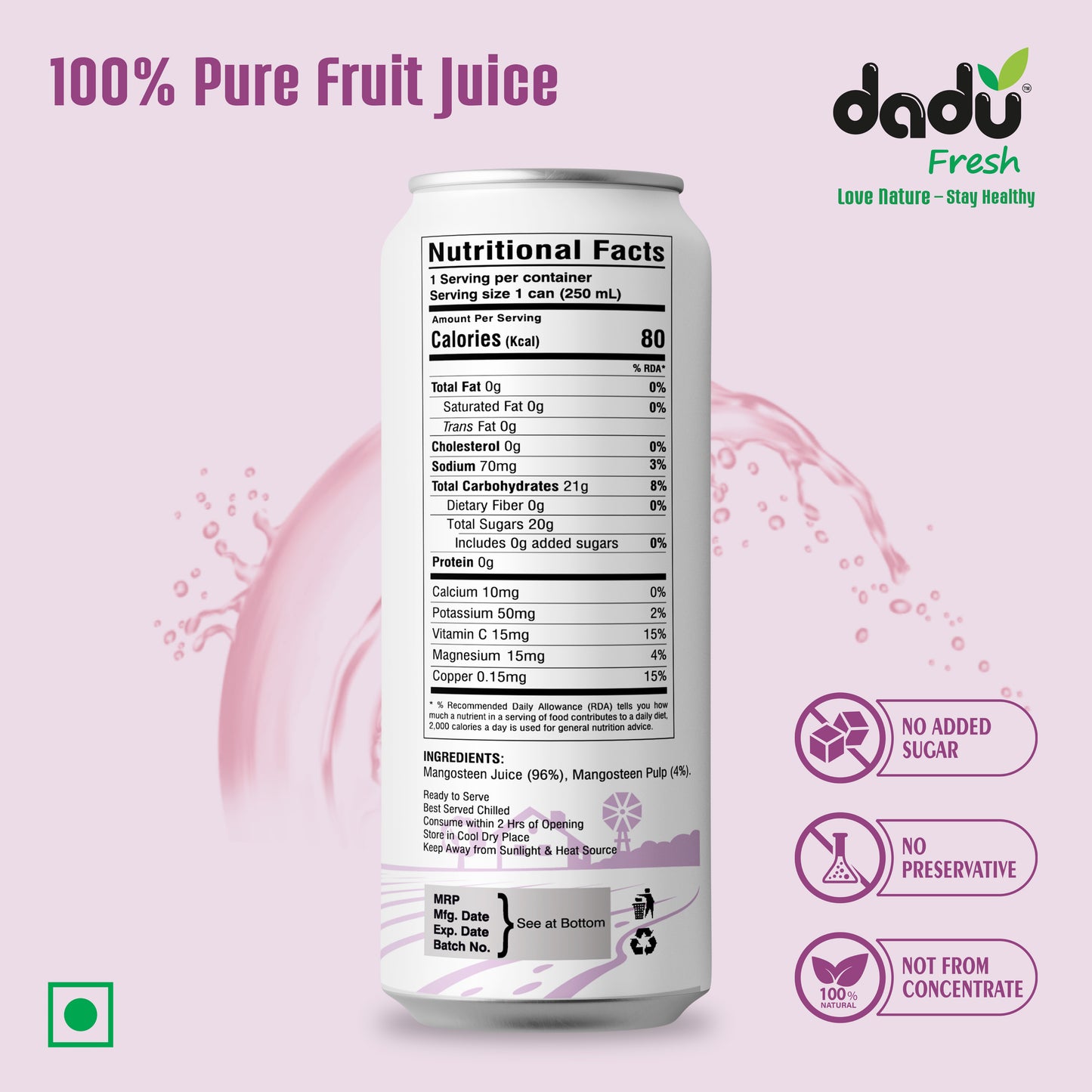 Dadu Fresh Mangosteen Juice | Pure Natural Juice | Not from Concentrate | No Added Sugar | No Preservatives or Artificial Flavors | Rich in Antioxidants & Vitamin C | 250ml (Pack of 6)