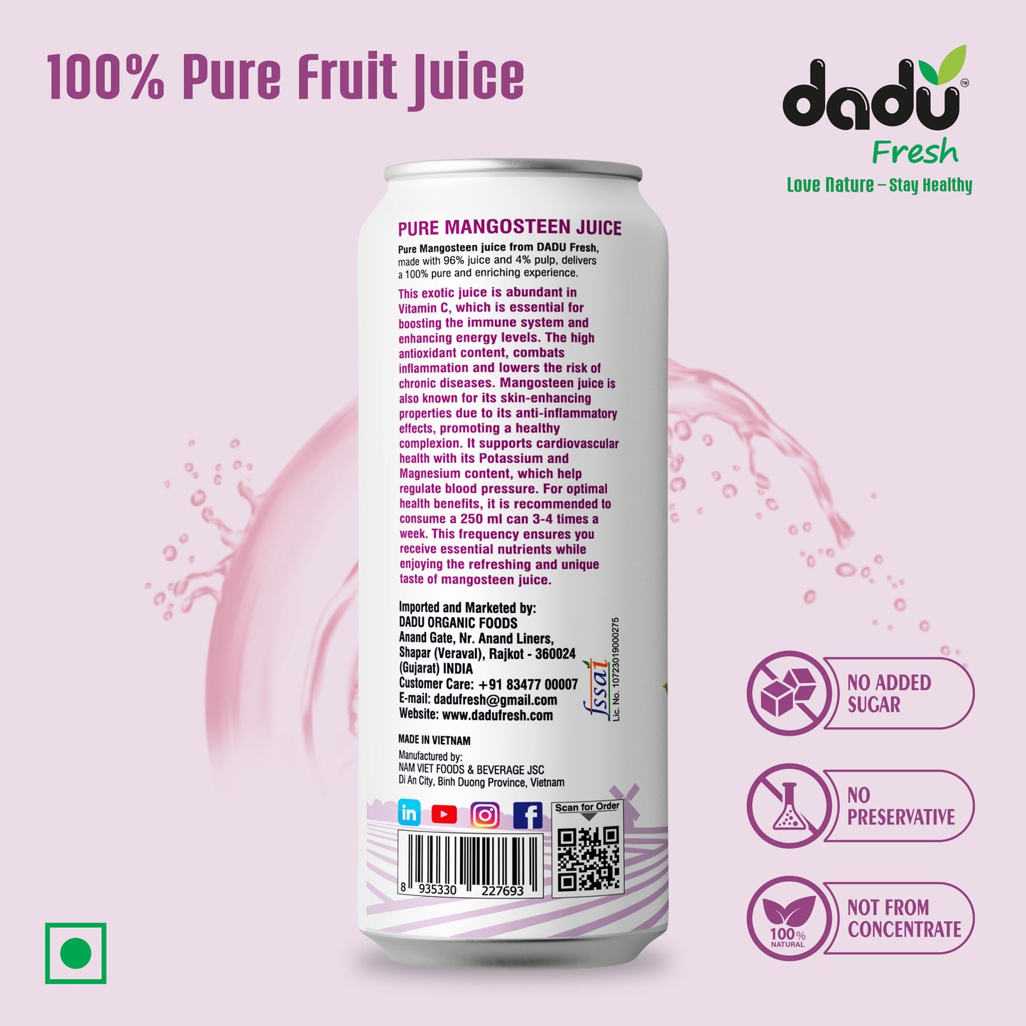 Dadu Fresh Mangosteen Juice | Pure Natural Juice | Not from Concentrate | No Added Sugar | No Preservatives or Artificial Flavors | Rich in Antioxidants & Vitamin C | 250ml (Pack of 6)