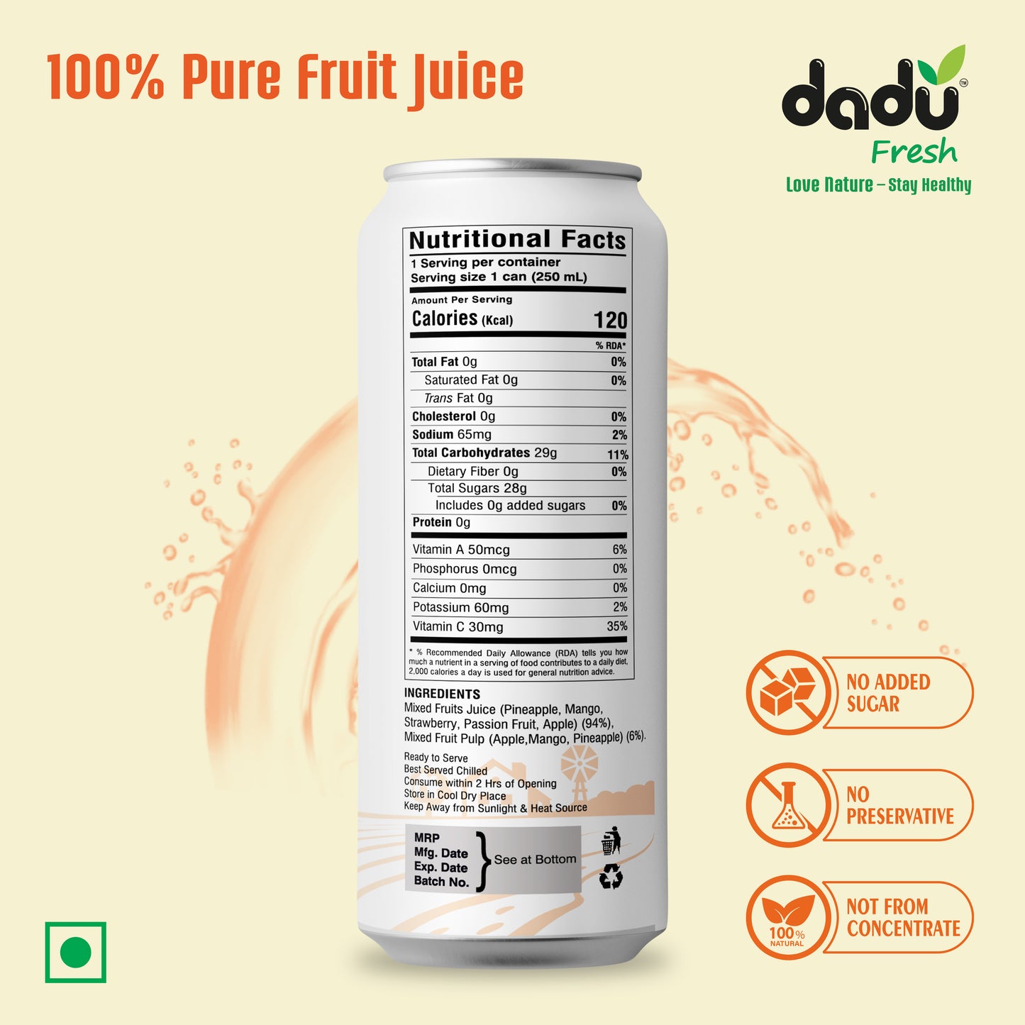 Dadu Fresh Mixed Fruit Juice | Pure Natural Juice | Not from Concentrate | No Added Sugar | No Preservatives or Artificial Flavors | Vitamin-Rich & Naturally Refreshing | 250ml (Pack of 4)