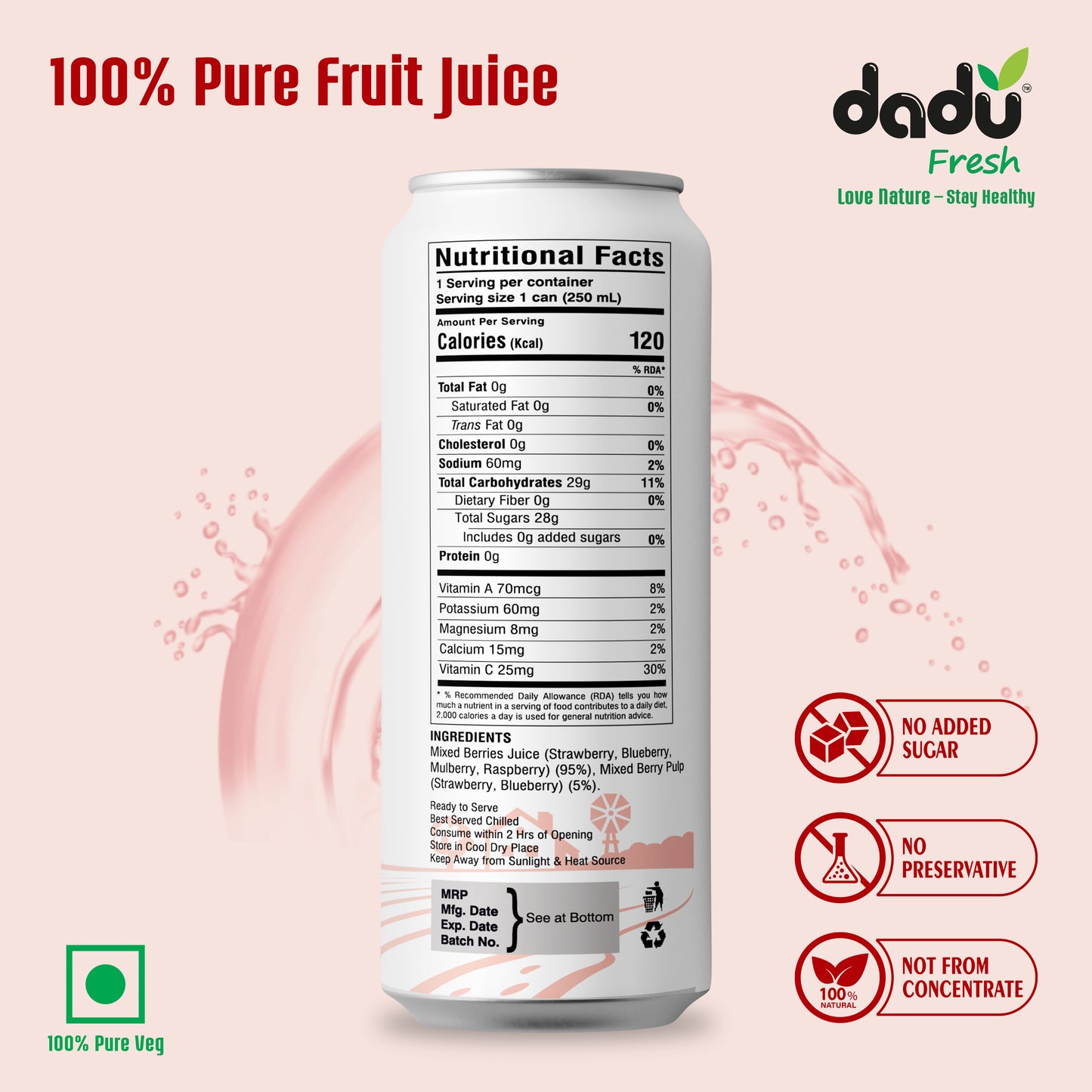 Dadu Fresh Mixed Berries Juice | Pure Natural Juice | Not from Concentrate | No Added Sugar | No Preservatives or Artificial Flavors | Blend of Strawberries, Blueberries, Mulberries & Raspberries | 250ml (Pack of 4)