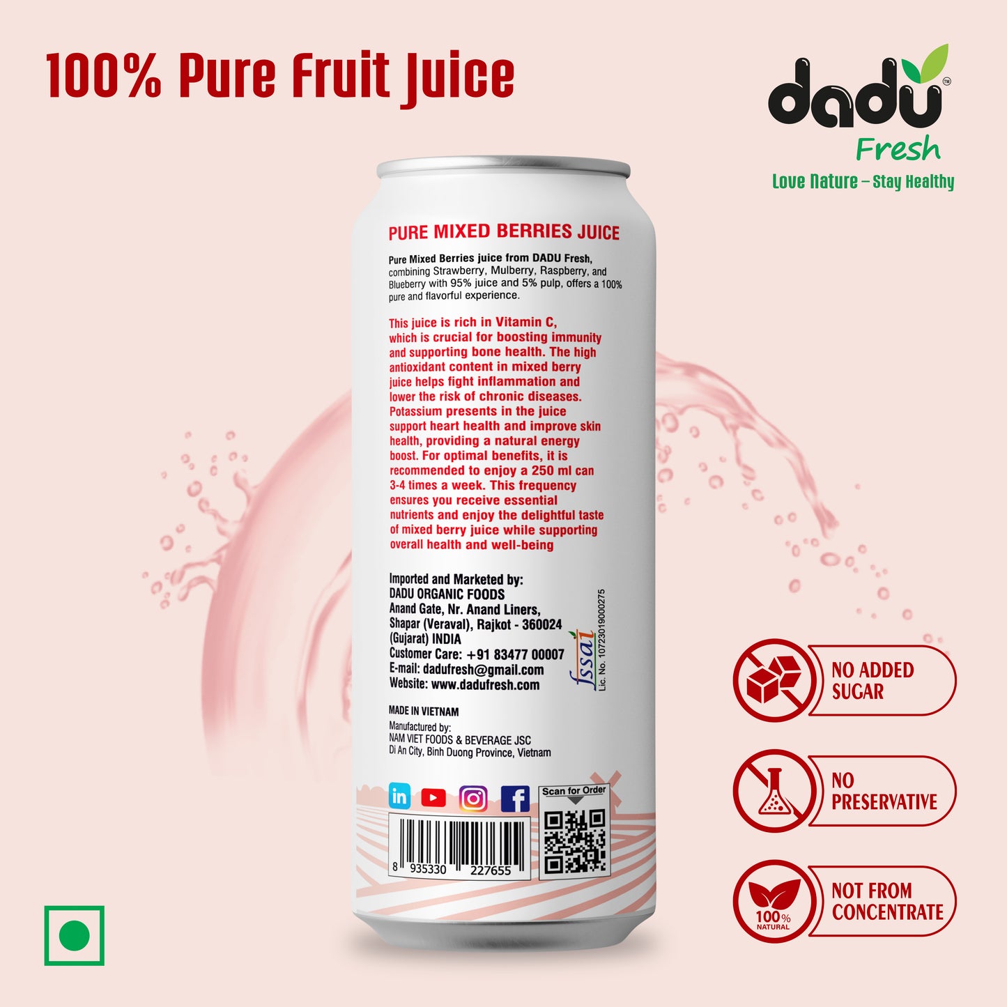 Dadu Fresh Mixed Berries Juice | Pure Natural Juice | Not from Concentrate | No Added Sugar | No Preservatives or Artificial Flavors | Blend of Strawberries, Blueberries, Mulberries & Raspberries | 250ml (Pack of 4)