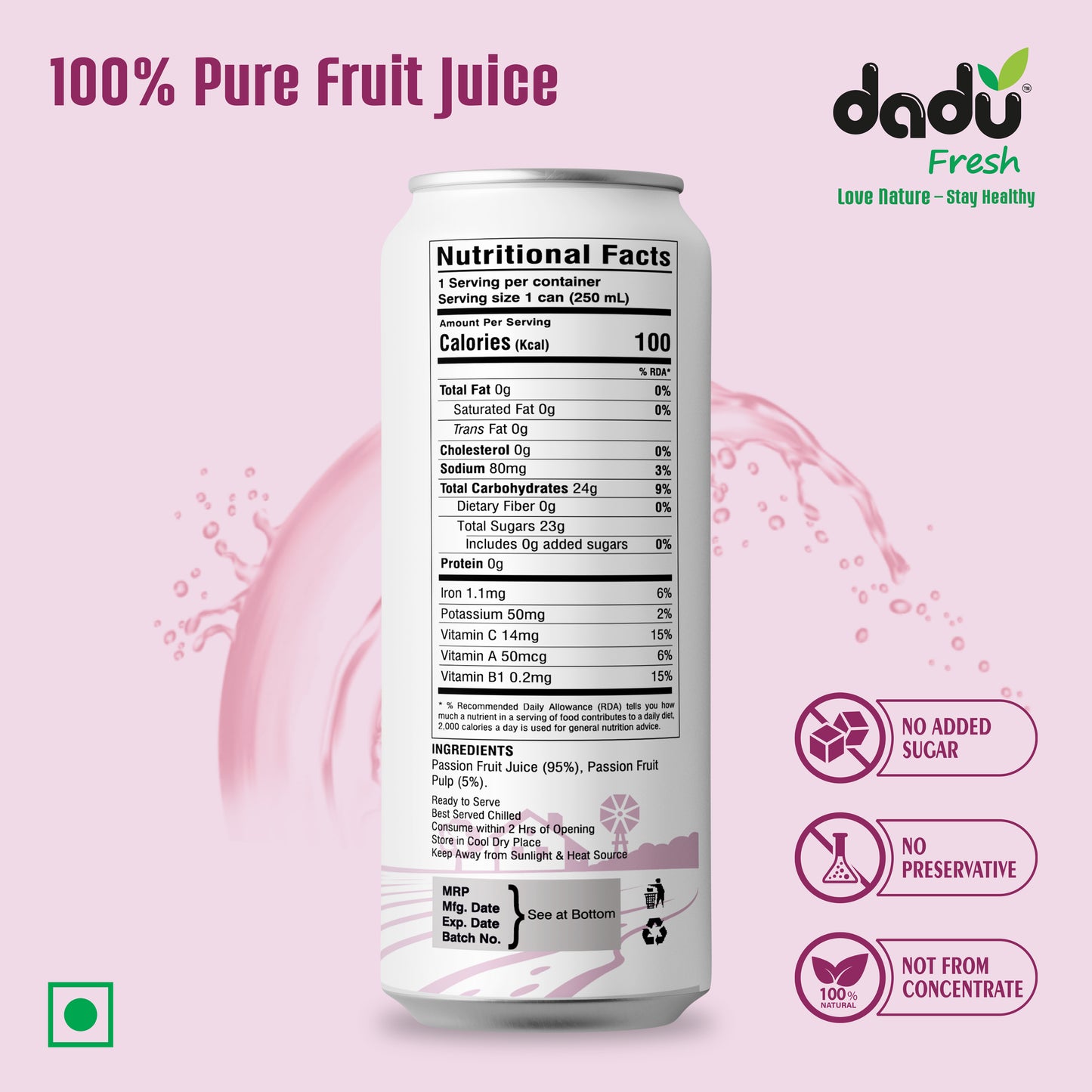 Dadu Fresh Passion Fruit Juice | Pure Natural Juice | Not from Concentrate | No Added Sugar | No Preservatives or Artificial Flavors | Naturally Refreshing | 250ml (Pack of 4)