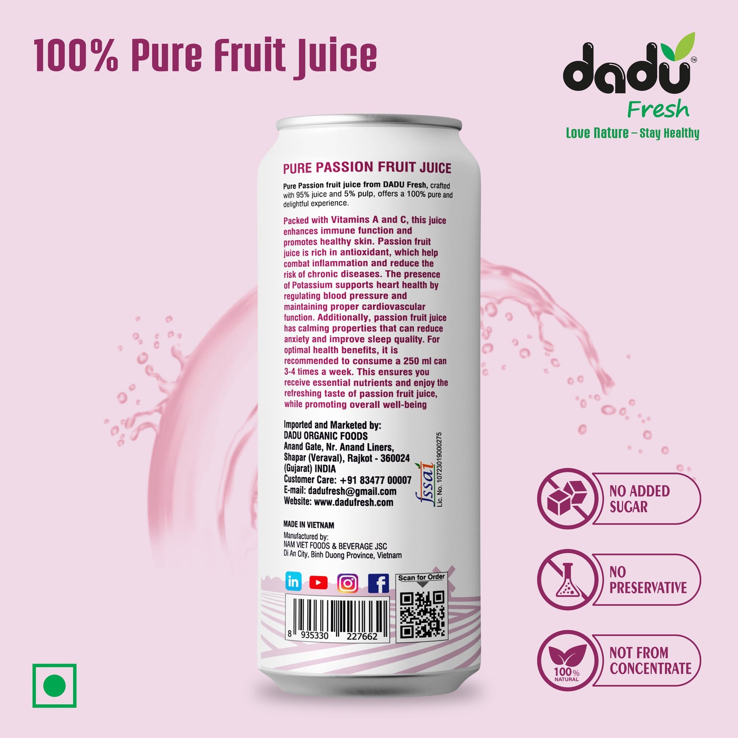 Dadu Fresh Passion Fruit Juice | Pure Natural Juice | Not from Concentrate | No Added Sugar | No Preservatives or Artificial Flavors | Naturally Refreshing | 250ml (Pack of 4)