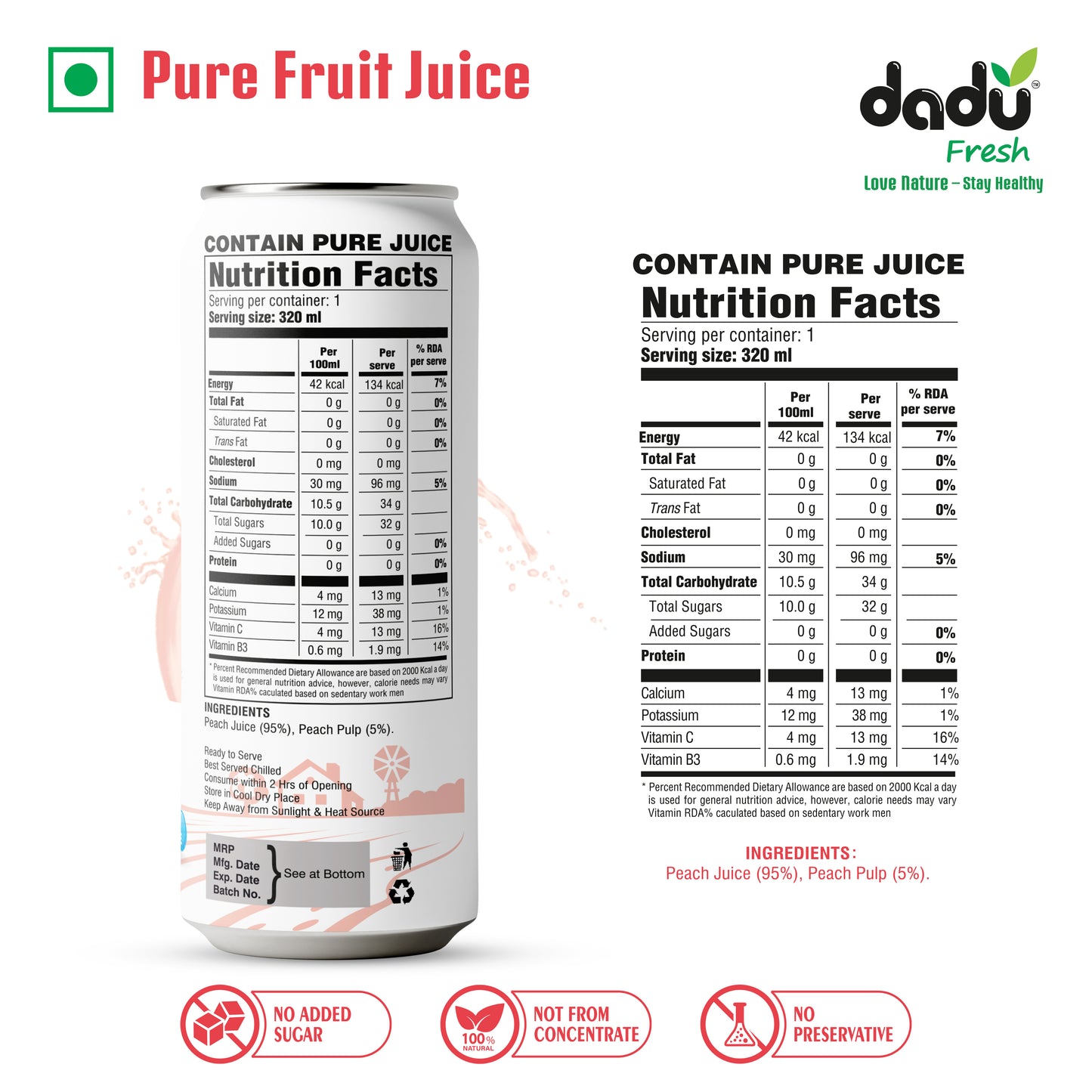 Dadu Fresh Peach Juice | Pure Natural Fruit Healthy Beverage | Not from Concentrate, No Added Sugar, No Preservatives or Artificial Flavours | Vitamin Rich & Naturally Refreshing | 4 Cans x 320ml (1280ml)