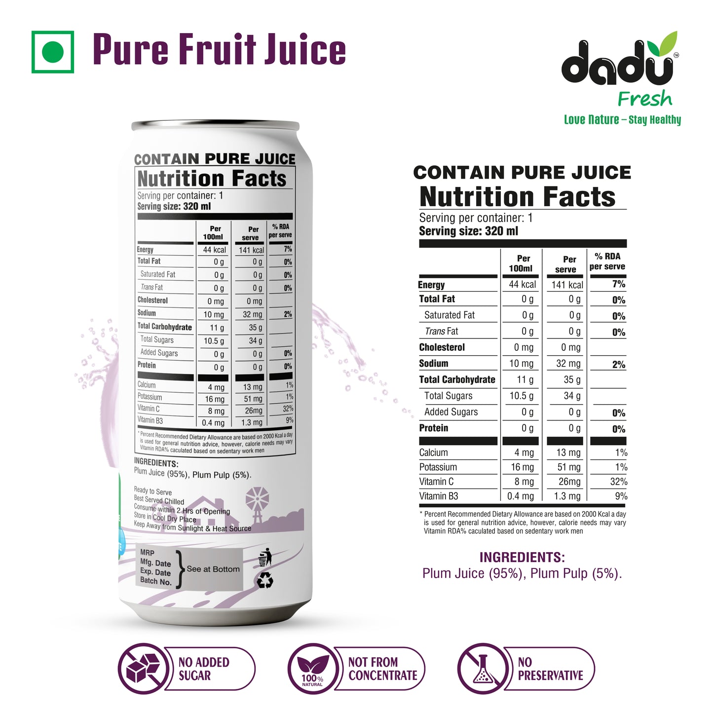 Dadu Fresh Plum Juice | Pure Natural Fruit Healthy Beverage | Not from Concentrate, No Added Sugar, No Preservatives or Artificial Flavours | Vitamin Rich & Naturally Refreshing | 4 Cans x 320ml (1280ml)