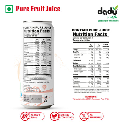 Dadu Fresh Rambutan Juice | Pure Natural Fruit Healthy Beverage | Not from Concentrate, No Added Sugar, No Preservatives or Artificial Flavours | Vitamin Rich & Naturally Refreshing | 6 Cans x 320ml (1920ml)