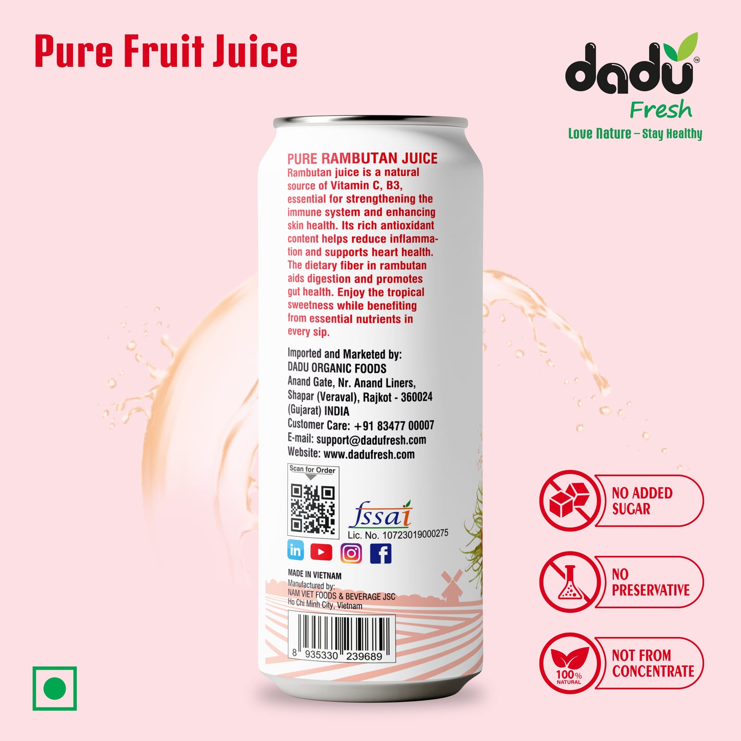 Dadu Fresh Rambutan Juice | Pure Natural Fruit Healthy Beverage | Not from Concentrate, No Added Sugar, No Preservatives or Artificial Flavours | Vitamin Rich & Naturally Refreshing | 6 Cans x 320ml (1920ml)