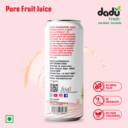 Dadu Fresh Rambutan Juice | Pure Natural Fruit Healthy Beverage | Not from Concentrate, No Added Sugar, No Preservatives or Artificial Flavours | Vitamin Rich & Naturally Refreshing | 6 Cans x 320ml (1920ml)