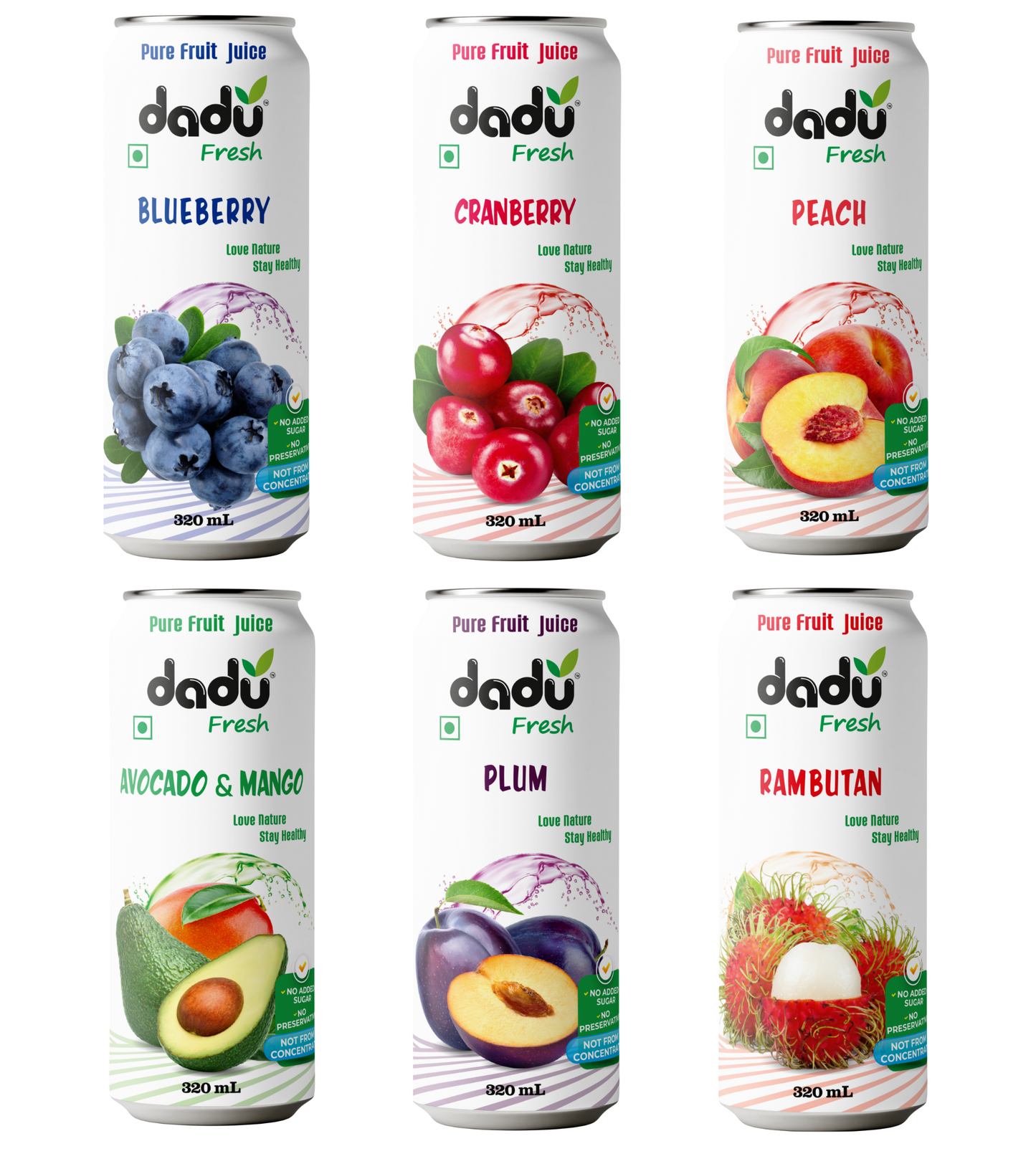 Dadu Fresh Fruit Juice Combo Pack | Avocado & Mango, Rambutan, Peach, Blueberry, Cranberry, Plum | Pure Natural Healthy Beverage |  Dadu Fresh