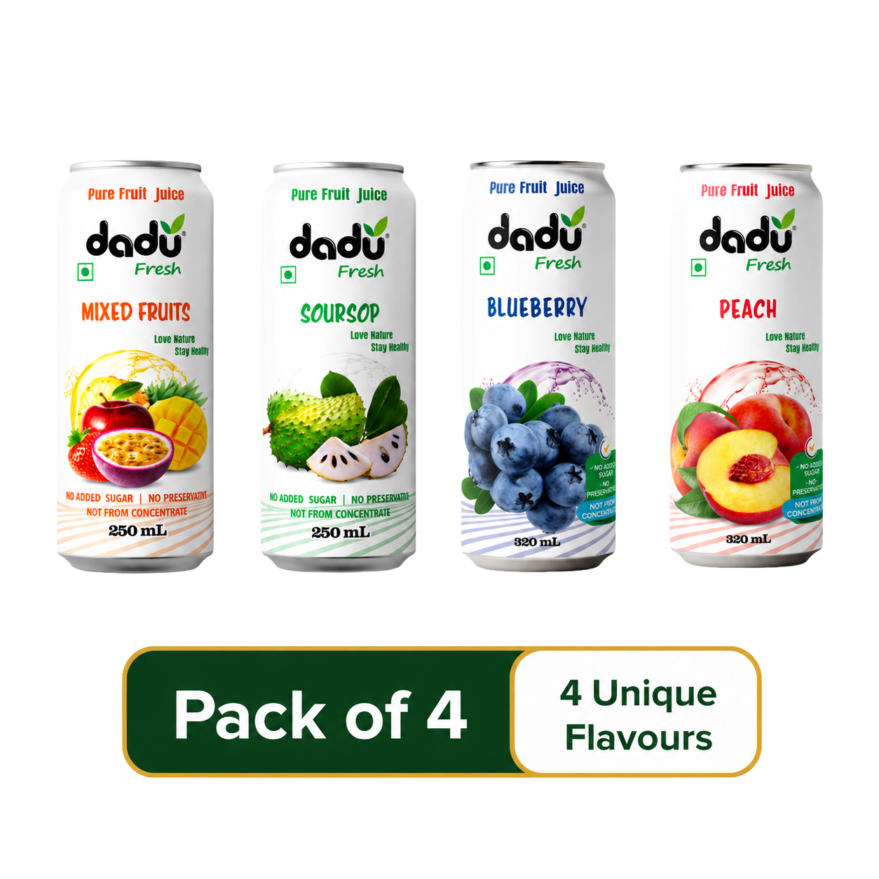 Dadu Fresh Blueberry, Soursop, Mixed Fruit & Peach Juice | 100% Pure Fruit Juice | No Added Sugar & No Preservatives | Pack Of 4 (250ml x 2 Cans & 320ml x 2 Cans) - Dadu Fresh