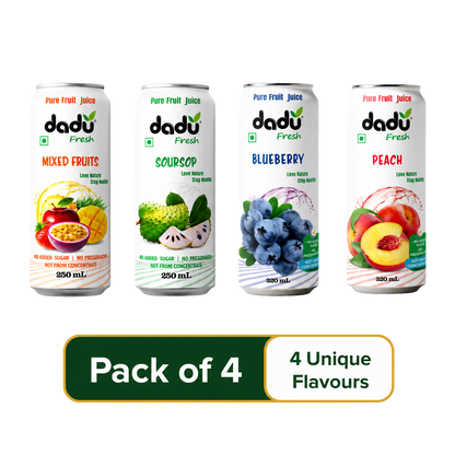 Dadu Fresh Blueberry, Soursop, Mixed Fruit & Peach Juice | 100% Pure Fruit Juice | No Added Sugar & No Preservatives | Pack Of 4 (250ml x 2 Cans & 320ml x 2 Cans) - Dadu Fresh