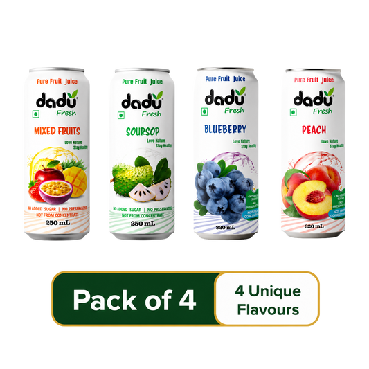 Dadu Fresh Blueberry, Soursop, Mixed Fruit & Peach Juice | 100% Pure Fruit Juice | No Added Sugar & No Preservatives | Pack Of 4 (250ml x 2 Cans & 320ml x 2 Cans) - Dadu Fresh