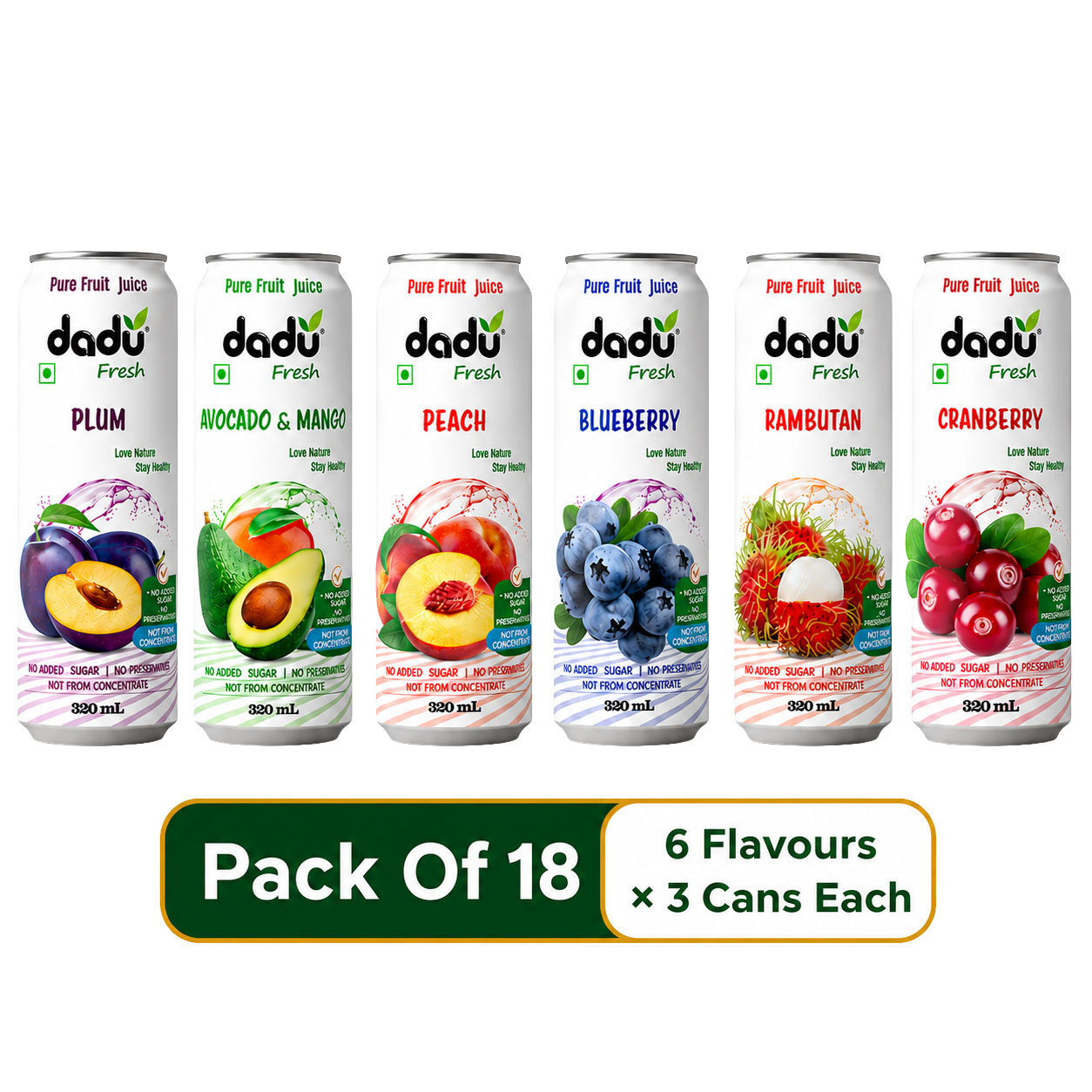 Dadu Fresh Peach, Cranberry, Blueberry, Avocado & Mango, Plum & Rambutan Juice | 100% Pure Fruit Juice | No Added Sugar & No Preservatives | 320ml x Pack of 18 - Dadu Fresh